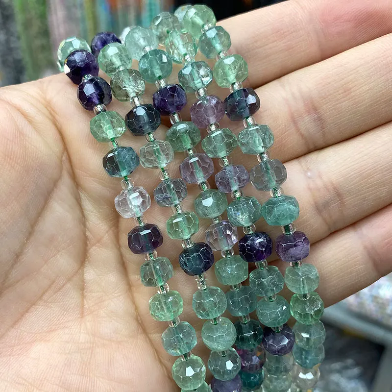 Natural Gemstone Fluorite 6x8MM Faceted Rondelle Round Stone Spacer Beads for Jewelry Making DIY Bracelet Necklace Accessories 4