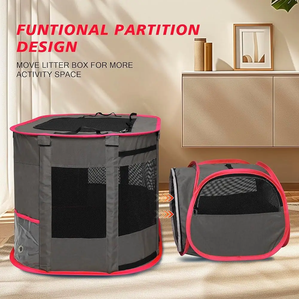 Multi-Purpose Cat Playpen Foldable Indoor Outdoor Enclosure with Bathroom Water Bottle Teasing Stick Litter Box Removable Mat