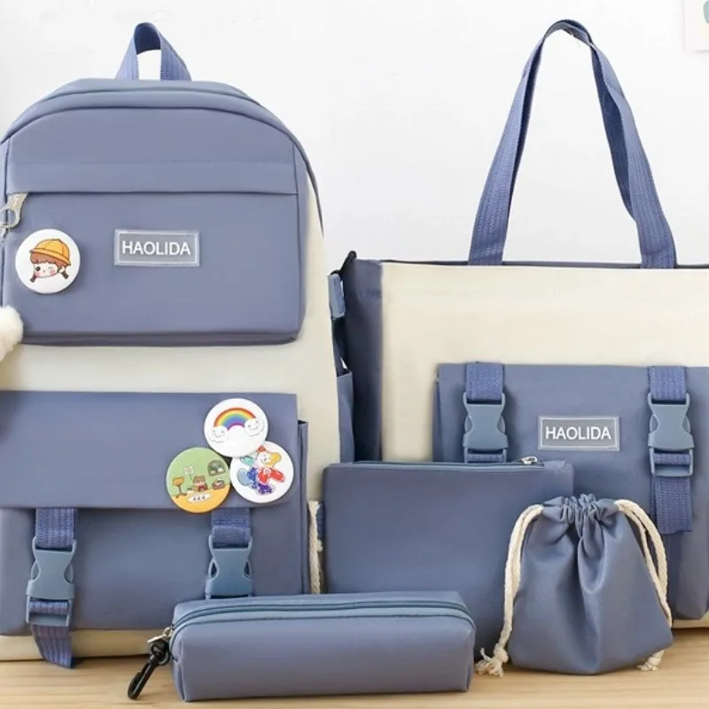 Canvas Backpack Women's Korean Version Large Capacity Five-Piece Set Students Backpack