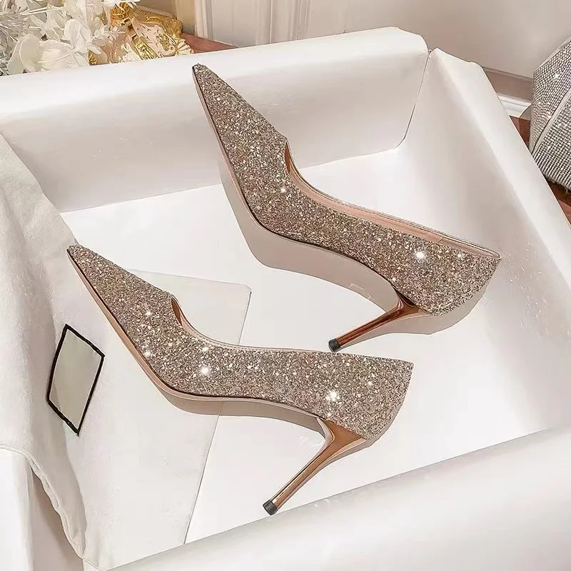 High Heels Women Wedding Shoes Bride Gold Heels Luxury Designer Elegant  Party Sandals Dress Strip Pole Dance Sexy Silver Heels