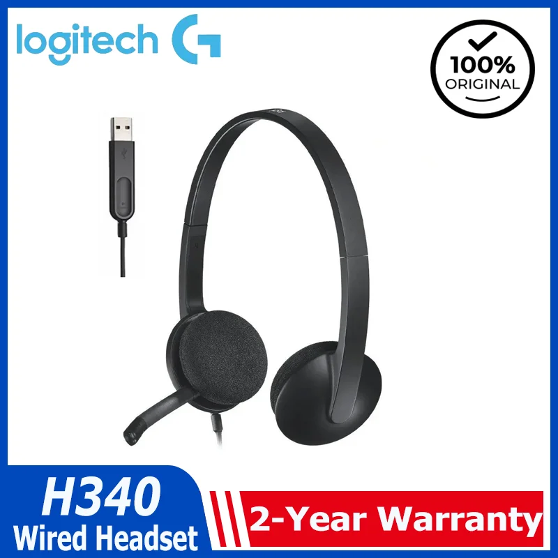 로지텍 H340 USB 유선 헤드셋 노이즈 캔슬링 마이크 플러그 앤 플레이 스테레오 헤드폰 PC 노트북 줌 오피스용 경량형