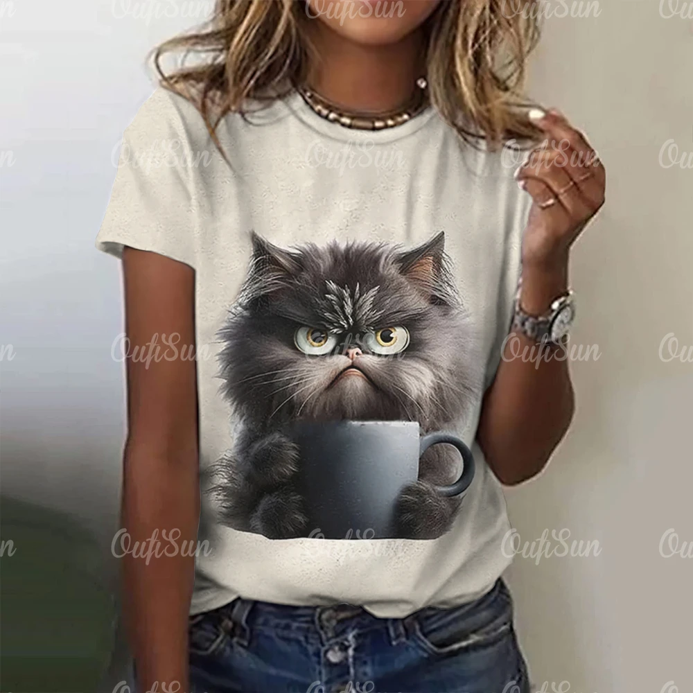 

2024 New Style T-Shirt For Women Cute Cat Print Top Summer Oversized Tshirt Women's Clothing O-Neck Female Animal Plus Size Tee