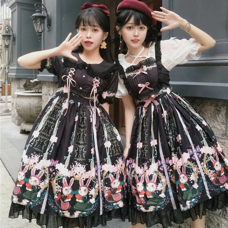 

Victorian Gothic Lolita Jsk Dress Women Vintage Sweet Bunny Print Elegant Princess Party Dresses Girls Harajuku Y2k Mini Dresses