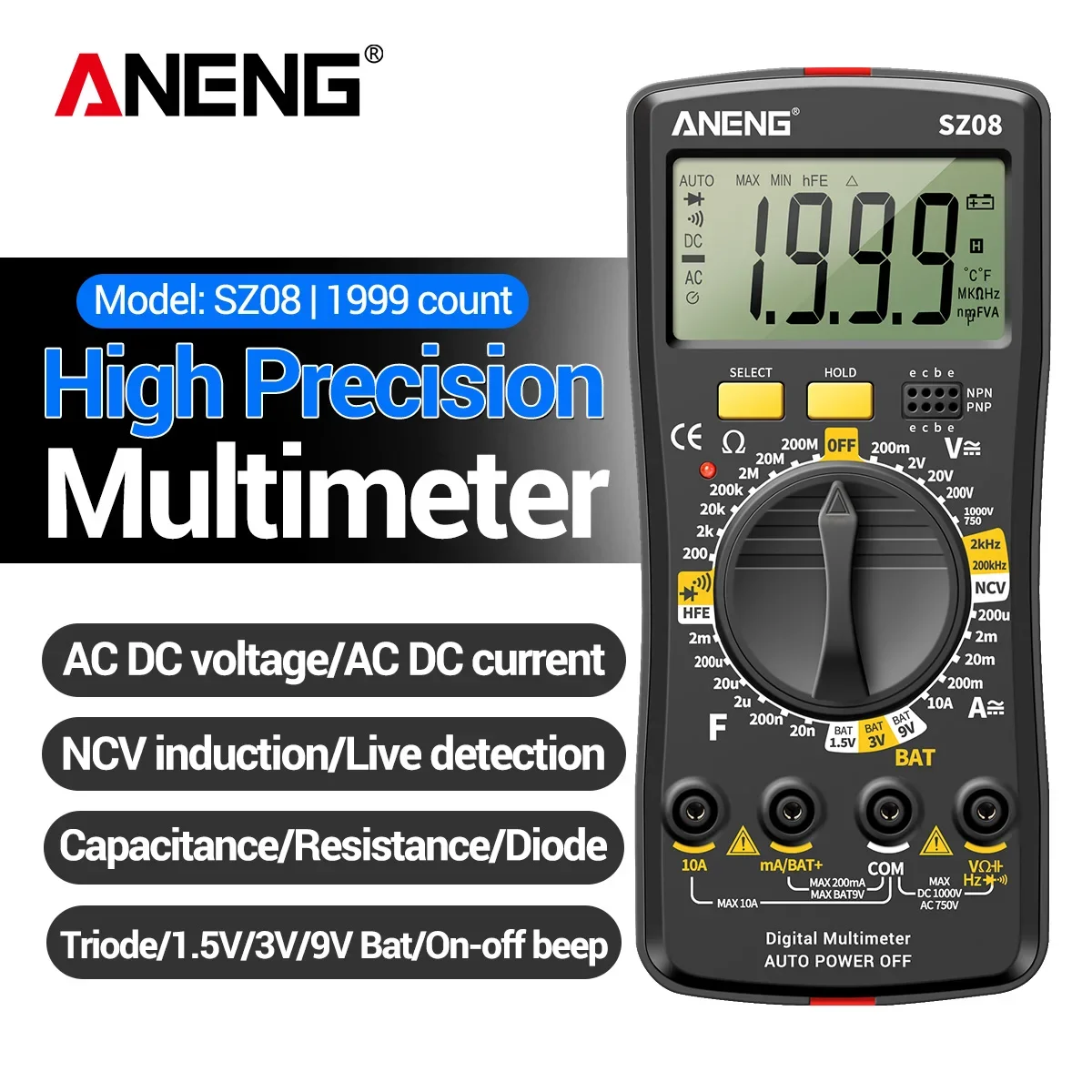 디지털 핸드헬드 멀티미터 ANENG SZ08 초박형 보관형 전문 멀티미터 AC DC 220V 저항 테스터 자동 전압계