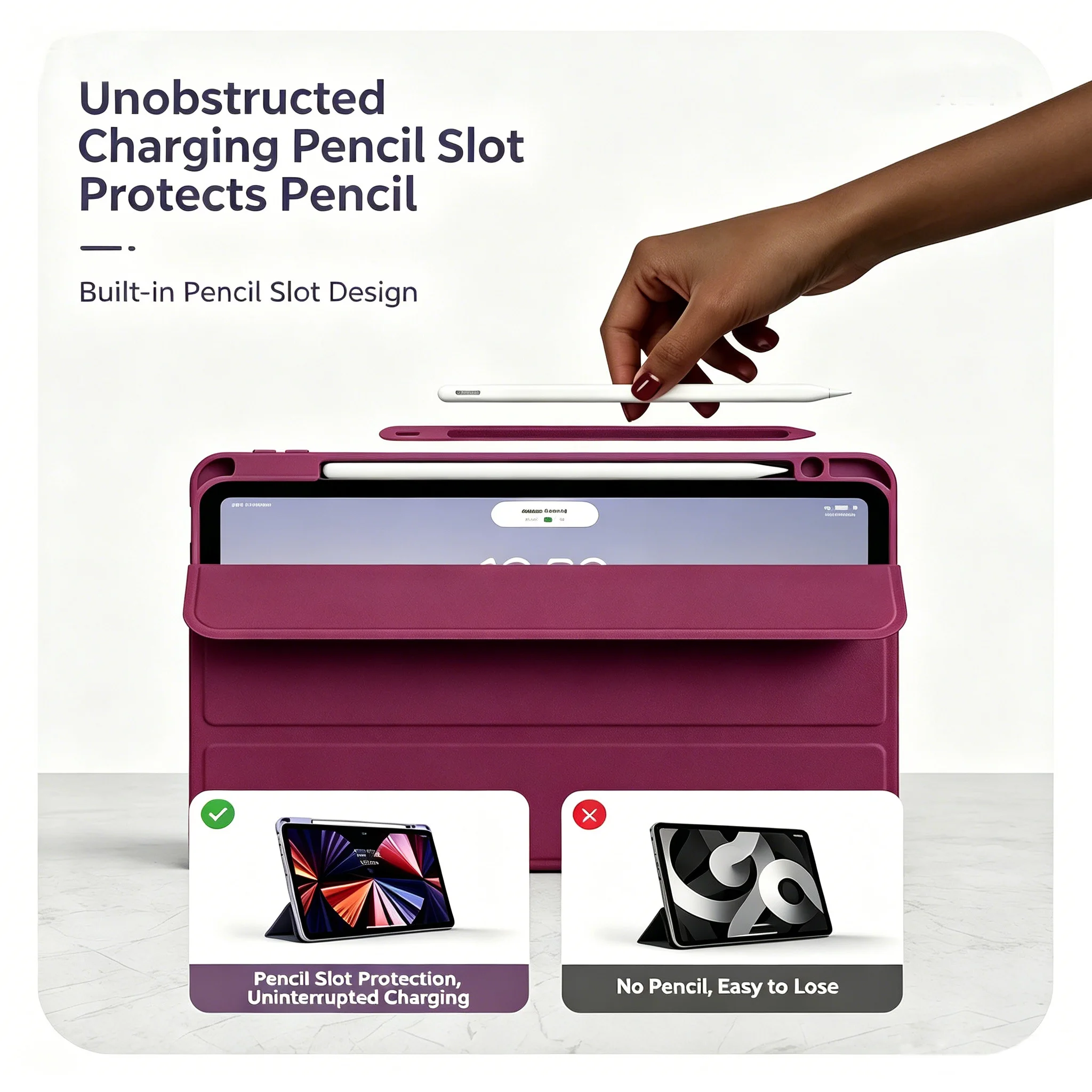 Sleek Trifold Stand Smart Cover with Pencil Holder & Soft TPU Back - Auto Sleep/Wake Functionality