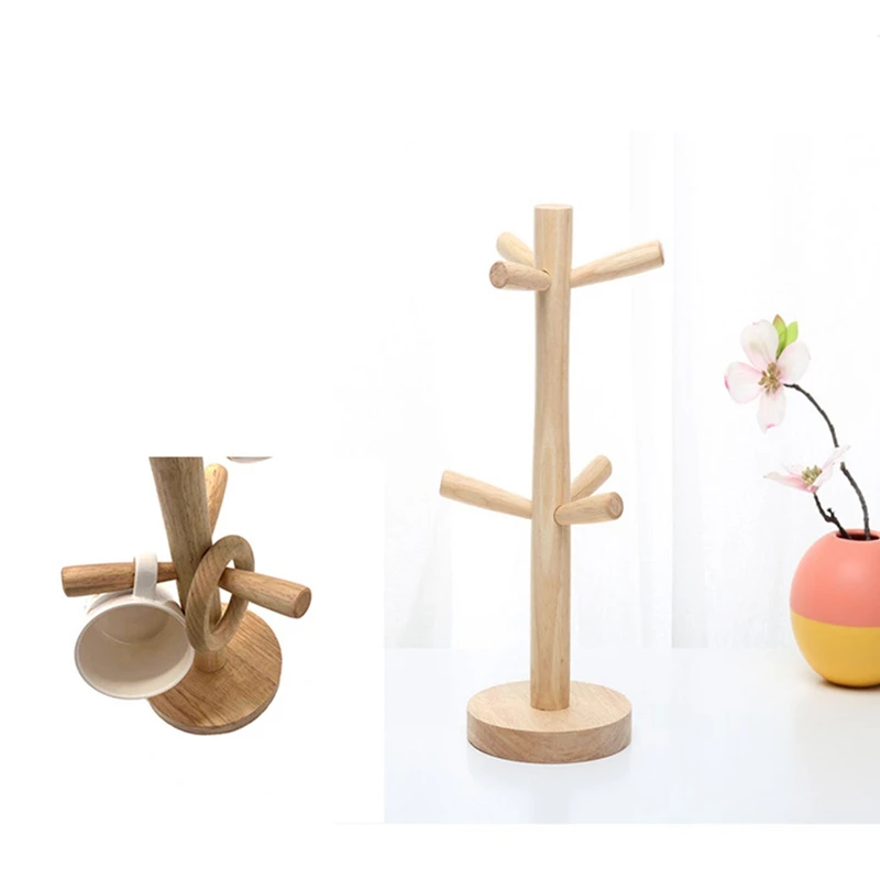 6 Hooks Mug Holder Tree Wooden Cup Holder Mug Tree Rack Tabletop Holder Tea Coffee Cup Hooks Tree