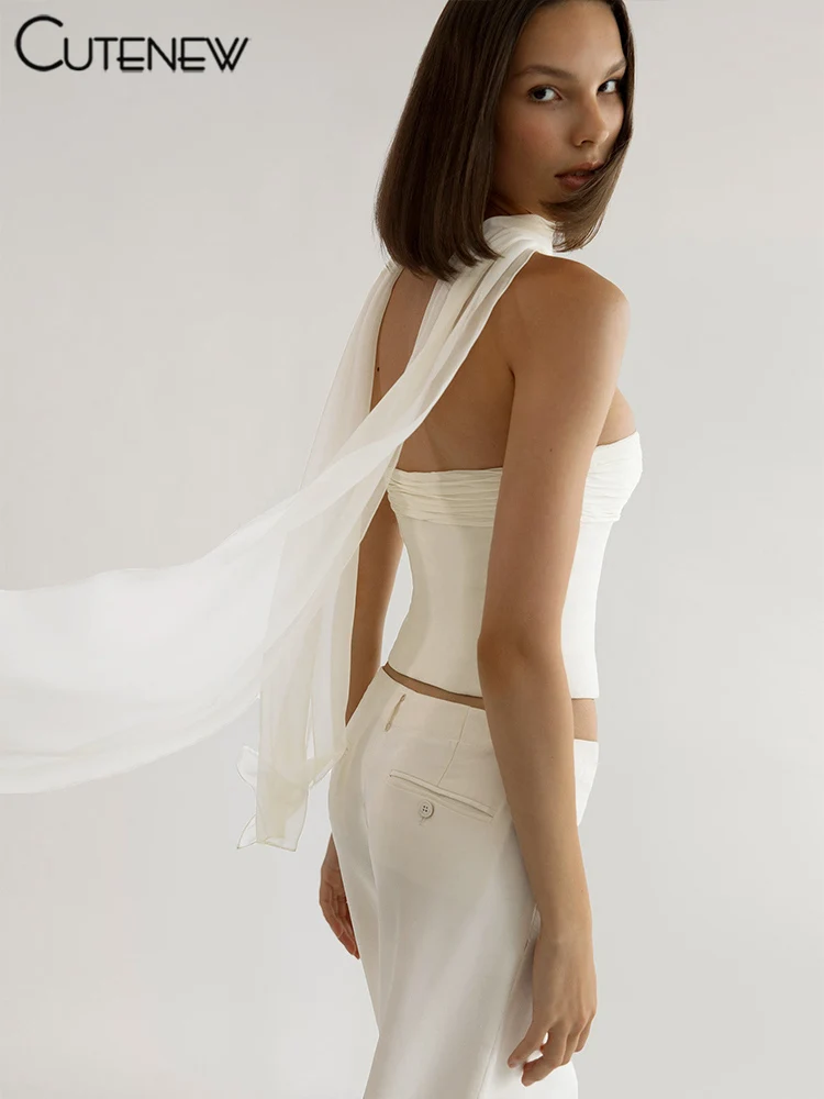 Women's White Ruffled Bustier Vest Shapewear Slim Undershirt Hanging Neck Silk Scarf Top Summer Clothing For Women