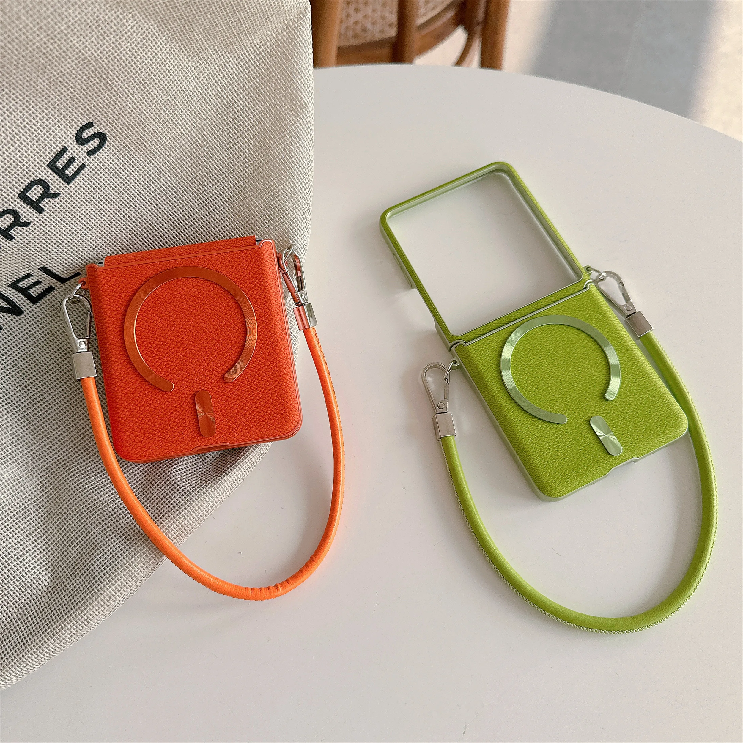 Elegant Leather Magnetic Phone Case with Wrist Strap and Lanyard - Supports Wireless Charging