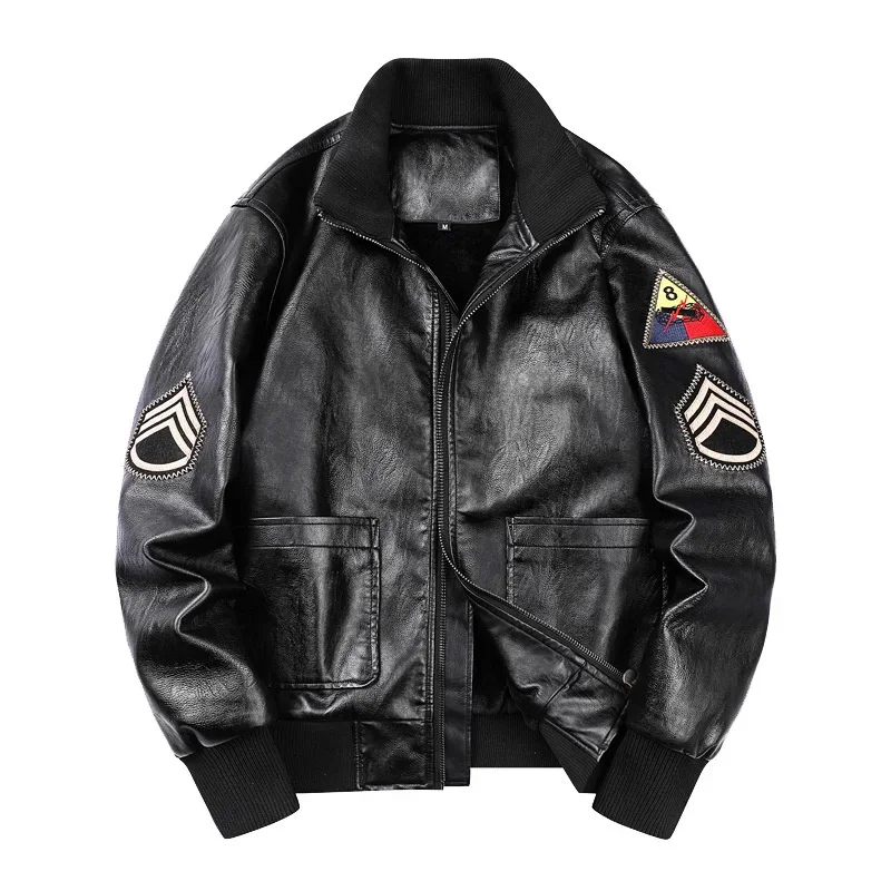 

Military Leather Jacket Men Autumn Winter Thick Windbreaker PU Bomber Jackets Male Armband MA1 Coats Casaco Masculino Size M-6XL