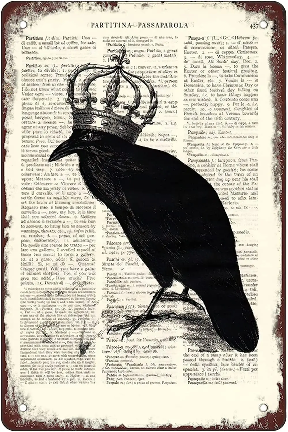 

Новинка, металлическая Оловянная вывеска, ворона, напечатанная в словаре, король, домашний Настенный декор, подарок на день рождения, садовый двор, винтажная печатная табличка