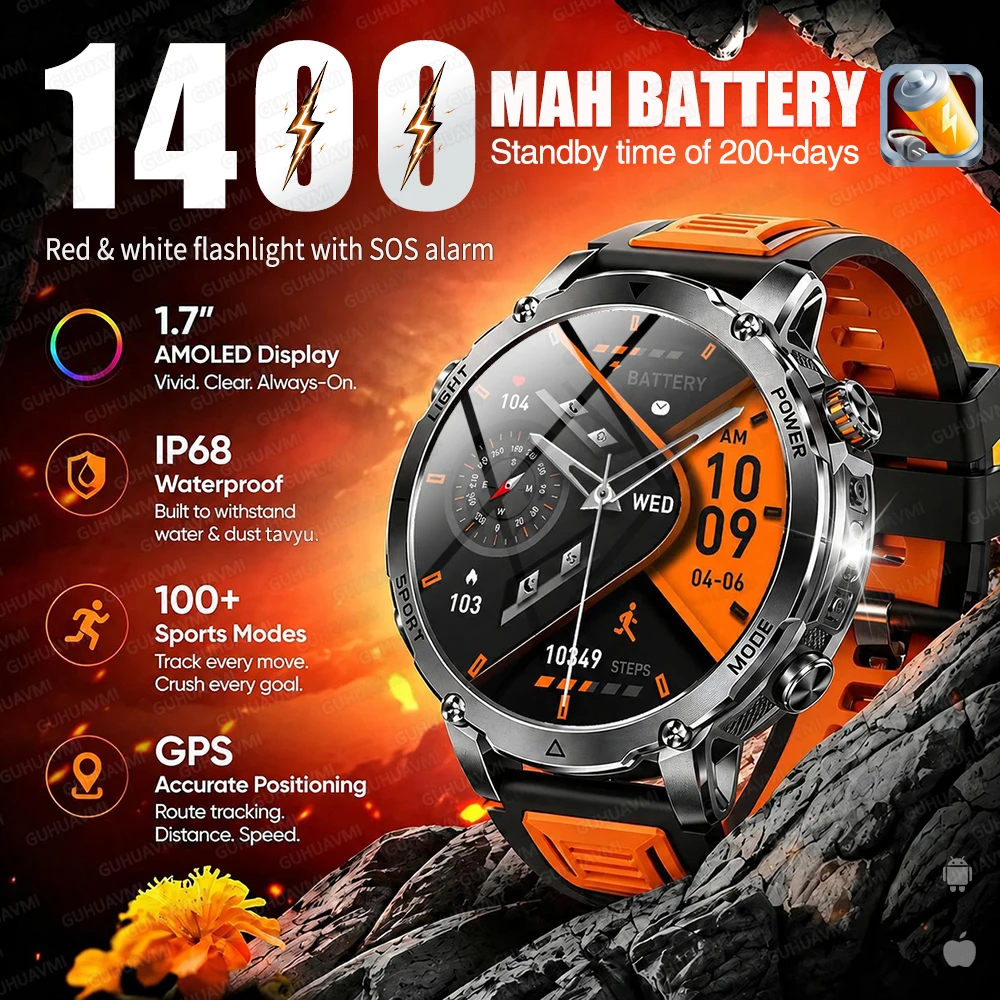 2026 New 1400mAh Super Large Battery Men Smart Watch Outdoor GPS Flashlight 1.7"AMOLED Screen Waterproof Swim BT Call Smartwatch 1