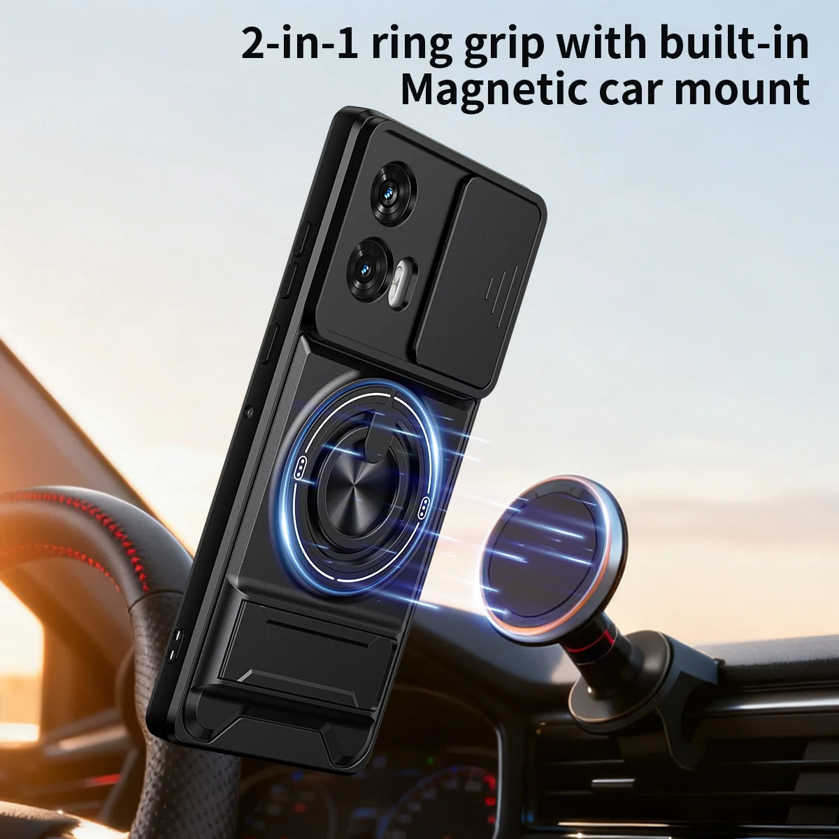 Rugged Shockproof Phone Case with Slide Lens Protector and Stand