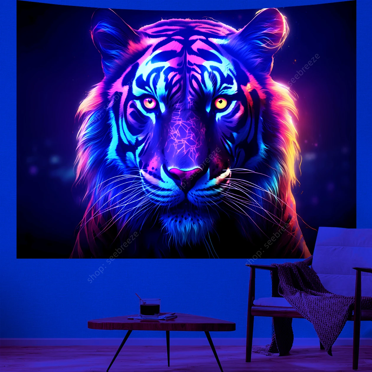 

Animal Tapestry Psychedelic Tiger UV Reactive Tapestry Wall Hanging Hippie Room Decor Sofa Blanket Beach Towel Gift for Friend