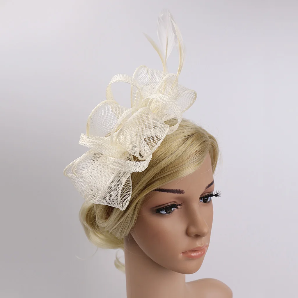 Women Feather Top Bow Headband Ladies Mesh Flower Fascinator Hat for Cocktail Tea Party Wedding