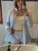 Blue Striped Blouse Shorts Set Woman Lapel Pocket Loose Shirt Drawstring Buttons Straight Short Pants Casual 2 Pieces Set Outfit 2