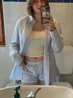 Blue Striped Blouse Shorts Set Woman Lapel Pocket Loose Shirt Drawstring Buttons Straight Short Pants Casual 2 Pieces Set Outfit 2