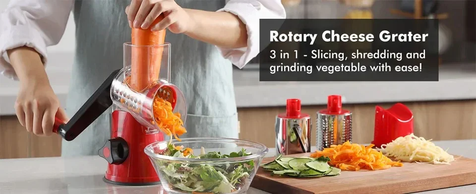 Description Picture 5 of item3 In 1 Slicing Grater Manual Rotary Cheese Grater Food Processor Blender Potato Slice Chopper Stainless Steel Kitchen Accessorie