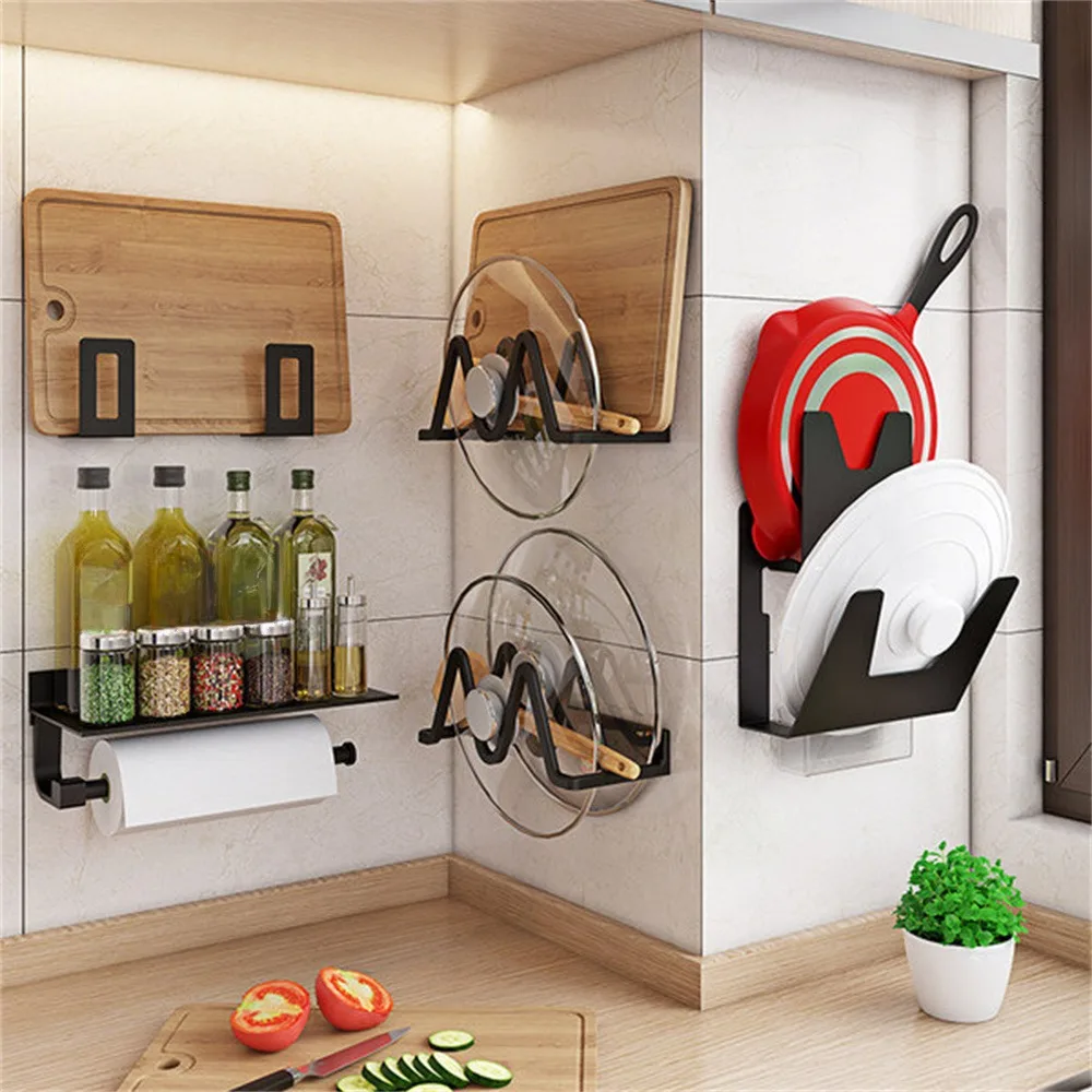 

Rust-proof Adhesive Plate Holder Wall Mount M-shaped Pot Lid Shelf No Punching Strong Bearing Capacity Chopping Board Rack