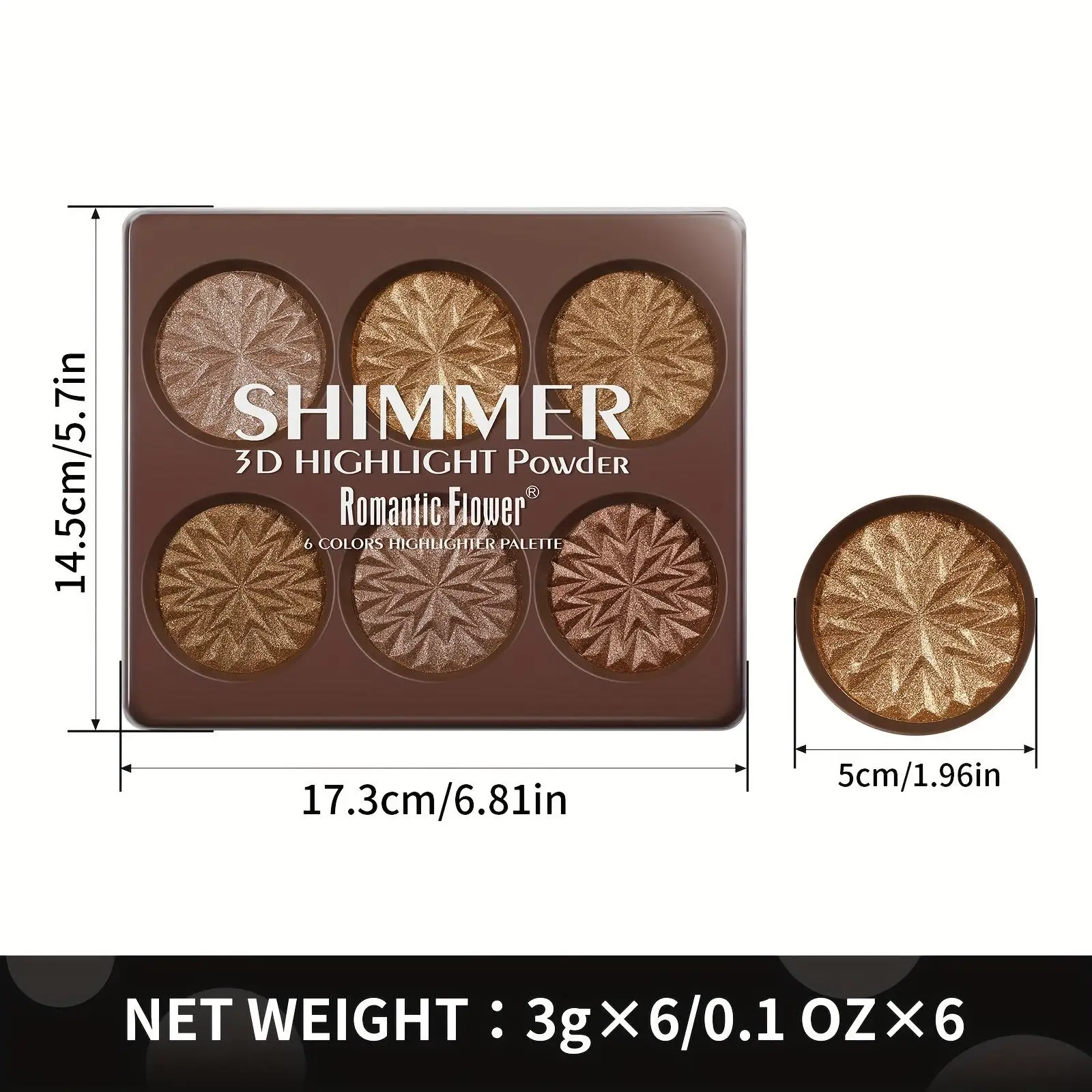 6-Color Highlighter Palette – Deep-toned shimmer pressed powder for an all-over face glow. Full-coverage face makeup with lumino