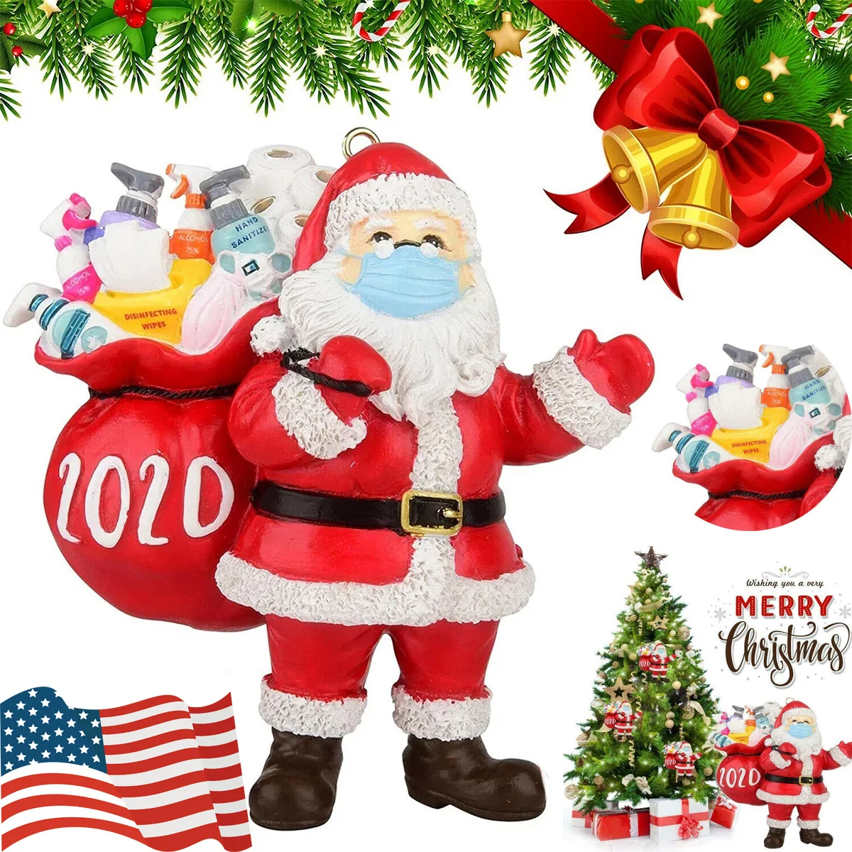 Christmas Tree Ornaments 2020 Santa Claus Quarantine Pendants Hanging Decor 