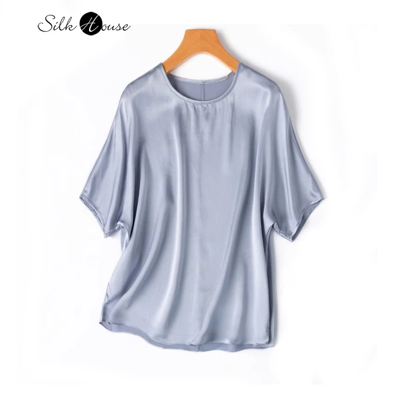 2024-women's-summer-new-20mm-texture-100-natural-mulberry-silk-satin-gray-blue-loose-batwing-mid-sleeved-top-t-shirt