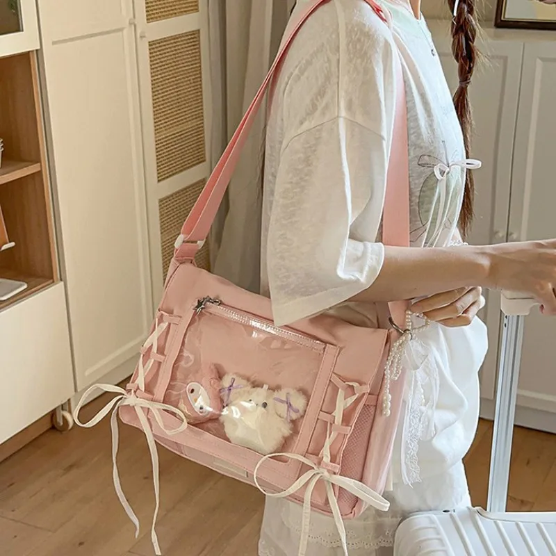 카와이 리본 보우 투명 토트 이타백 여학생용 대용량 클리어 PVC 숄더 핸드백..