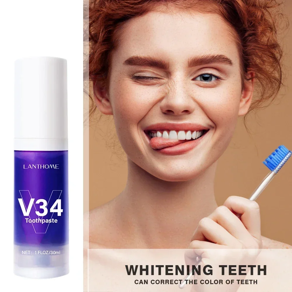 V34 Colour Corrector Teeth Whitening Toothpaste Oral Cleaning Repair Fresh Breath Remove Stain Adult Oral Care Ingredient Safety
