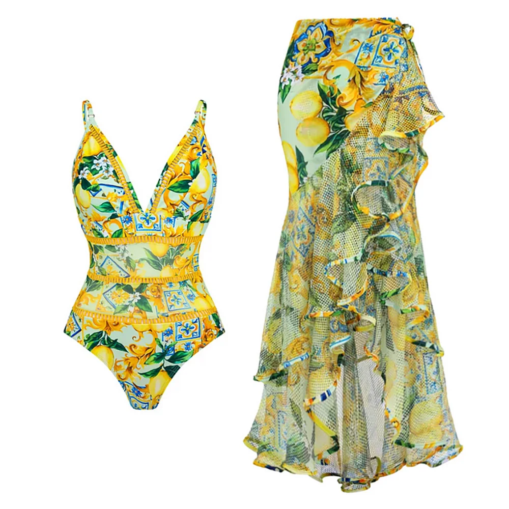 New Women Print Swimwear V Neck Blue Mediterranean One Piece Swimsuit and Mesh Splicing Skirt Bikini Summer Beach Wear Cover Up