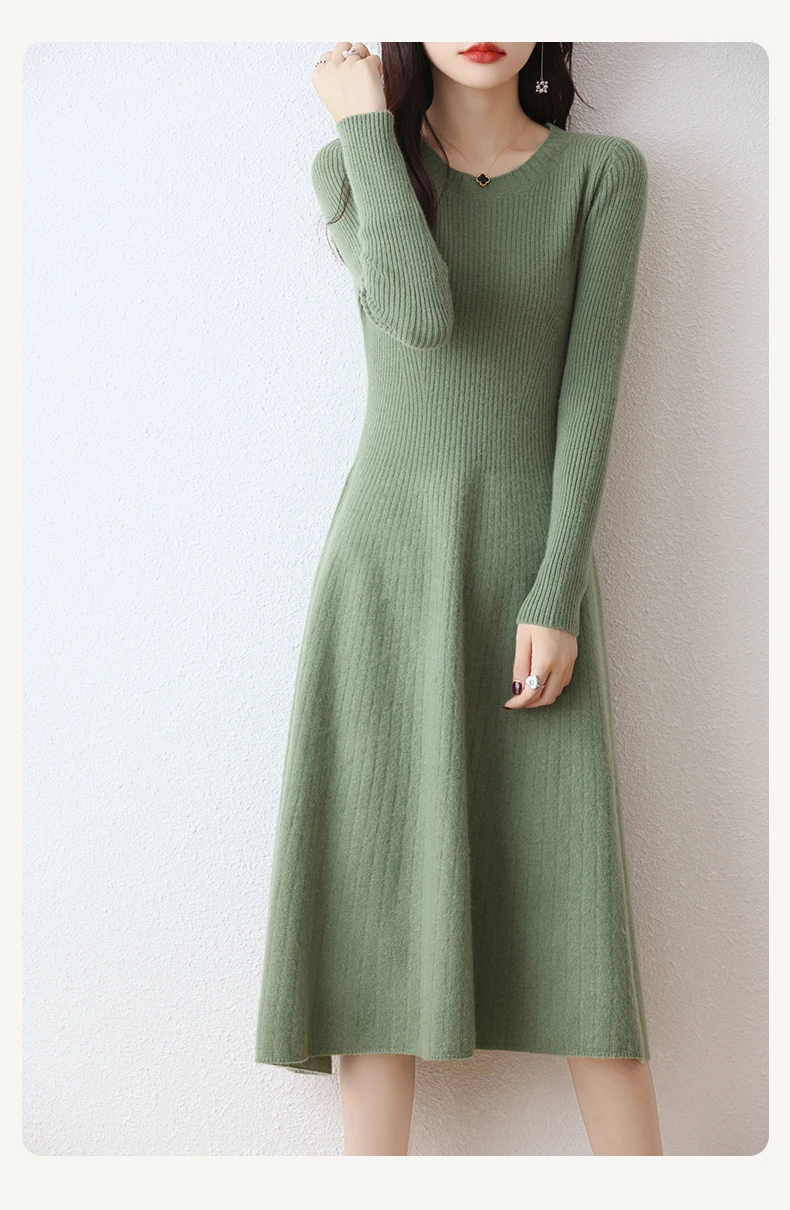 Women's Merino Wool Long Sweater Dress, Round Neck, Striped, Thick, Monochromatic, 100% Merino, Autumn, Winter, New, Official