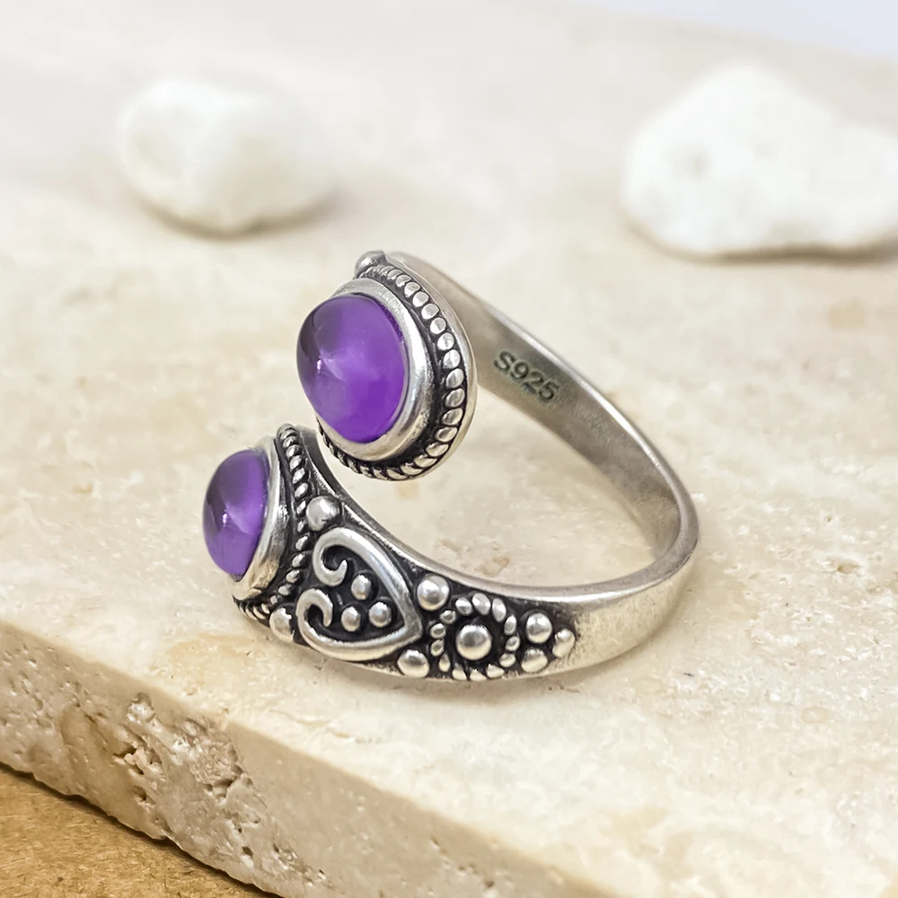 Vintage 925 Silver Ring with Natural Amethyst 6*8mm Adjustable Rings Flower Carved Stamping Bohemia Style Fine Jewelry for Women 3