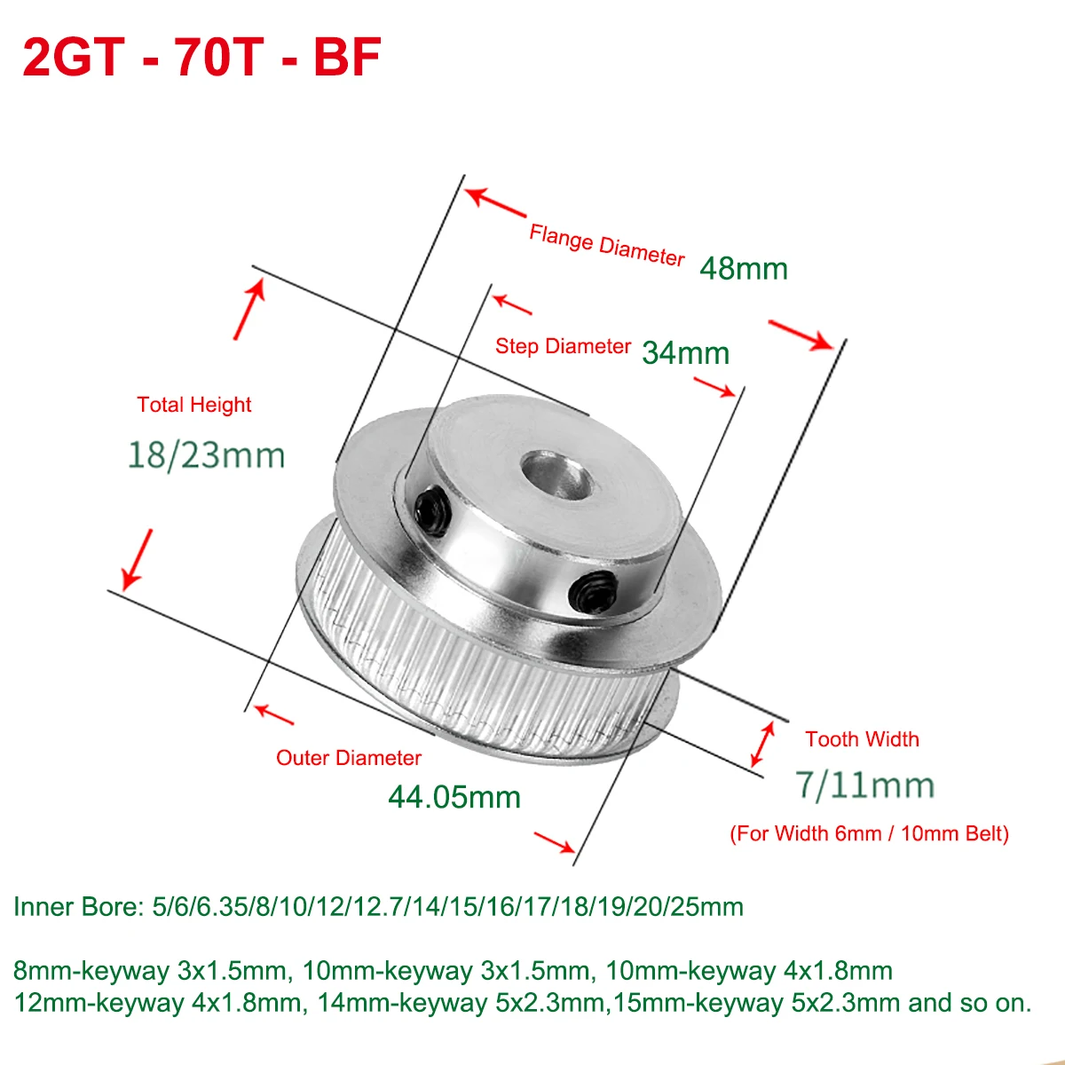 

2GT 70 Teeth Timing Pulley Bore 5/6/6.35/8/10/12/12.7/14/15/16mm BF keyway Synchronous Wheel For Width 6/10mm GT2 Timing Belt