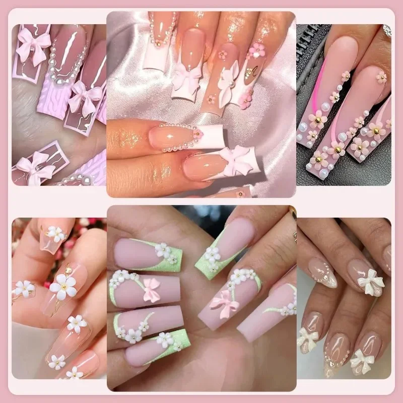 Mixed Acrylic Bowknot 3D Nail Art Decorations Flower Resin Charms Gold Beads Caviar Pearl Mixed Rhinestones Accessories Boxed 2