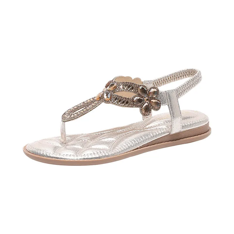 

Women Summer Sandals Shining Rhinestone Flat Heel Sandals Korean Mold Hollow Out Bohemian Style Lady Comfortable Shoes