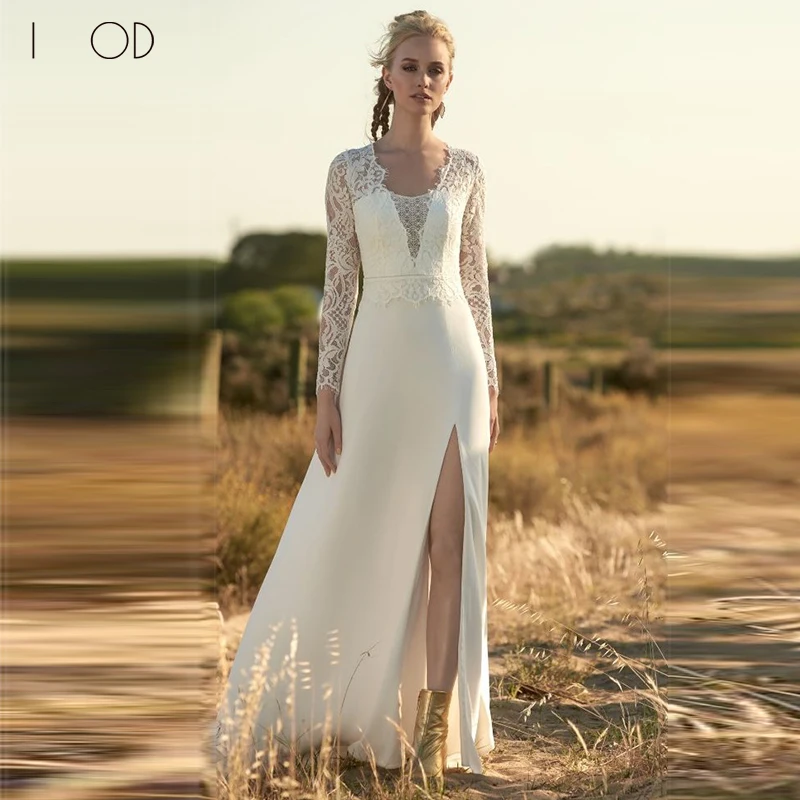 

TIXLEAR Ivory A-LINE Scoop Neckline Floor Length Chiffon Applique Wedding Dress vestido de noiva brautkleider robe de mariée