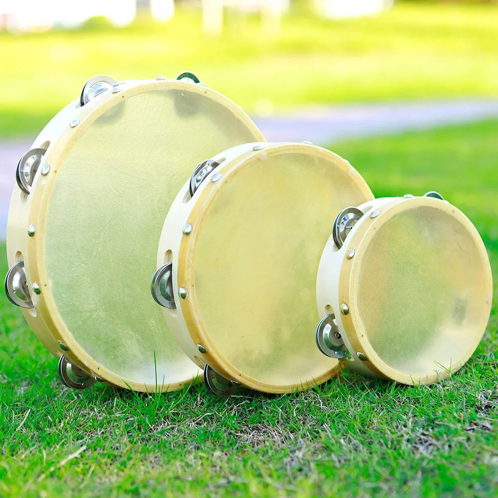 Tambourine Toys 6+8+10 Inch Hand Held Drum Bell Solid Wood Sheepskin Percussion Musical Instrument KTV Kids Games