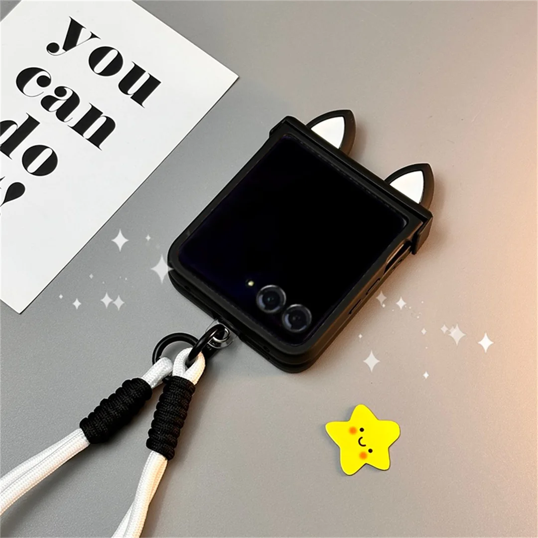 Korean Cute Cat Ears Black Portable Rope Phone Case