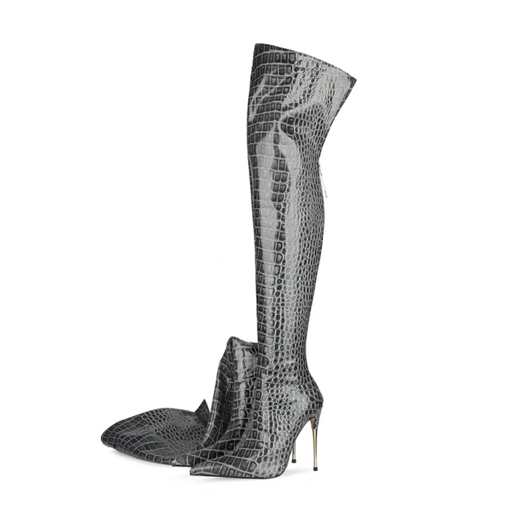 

Women Over the Knee Boots Sexy Stone Leather Metal Metal Thin High Heel Pointed Toe Ladies Long Boots Nightclub Party Shoes 47