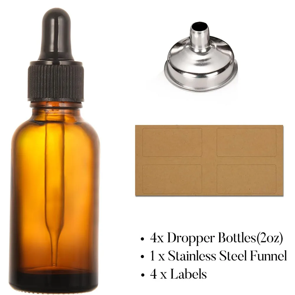 4-Pack 2oz Amber Glass Dropper Bottles with Funnel & Labels -Tincture Bottles 60ml Leakproof Tincture Bottles for Essential Oils 2