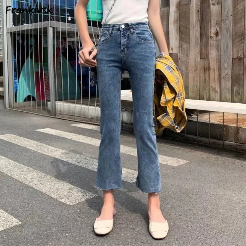 

Flare Jeans Women Slit Skinny Denim Korean Style Youthful Vitality Stylish Hipster Frayed Do Old Bleached Stretchy Spring Summer