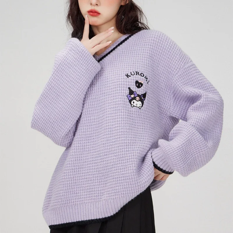 

Cartoon Kuromi V-Neck Sweater Cartoon Sanrio My Melody Cinnamoroll Girl Embroidered Knit Coat Cute Soft Sweater Top Gift