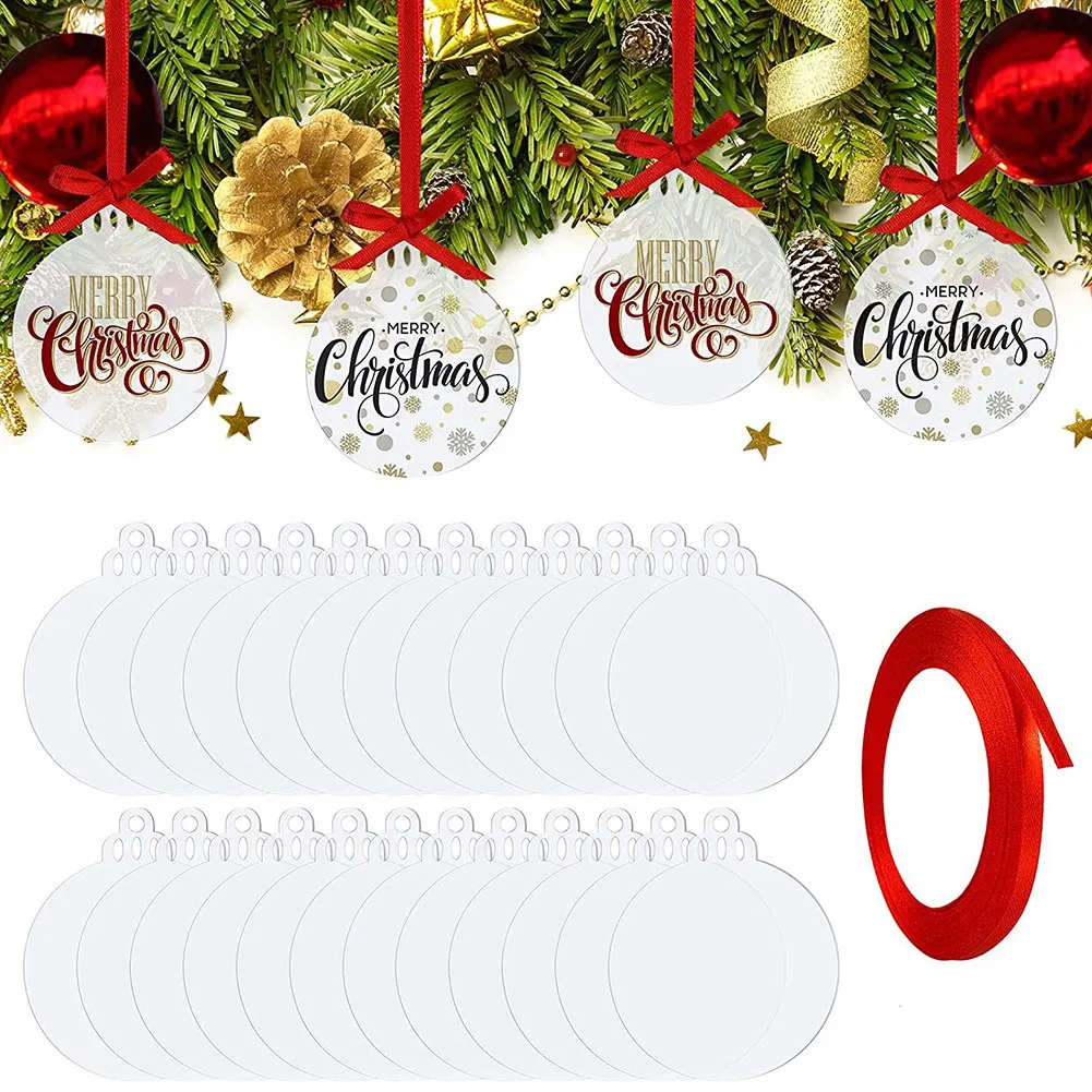 

25 Pieces 3 Inch Clear Acrylic Christmas Ornaments Acrylic Christmas DIY Tag Red Ribbon for Decoration Tag DIY Crafts