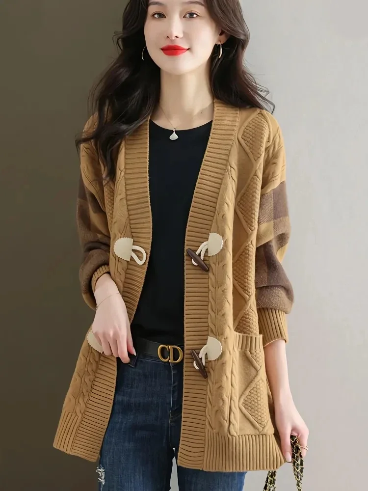 

2024 Spring and Autumn New Female Fashion Cowhorn Button Mid Length Sweater Cardigan Coat Women's Lazy Loose Knitted Outwear