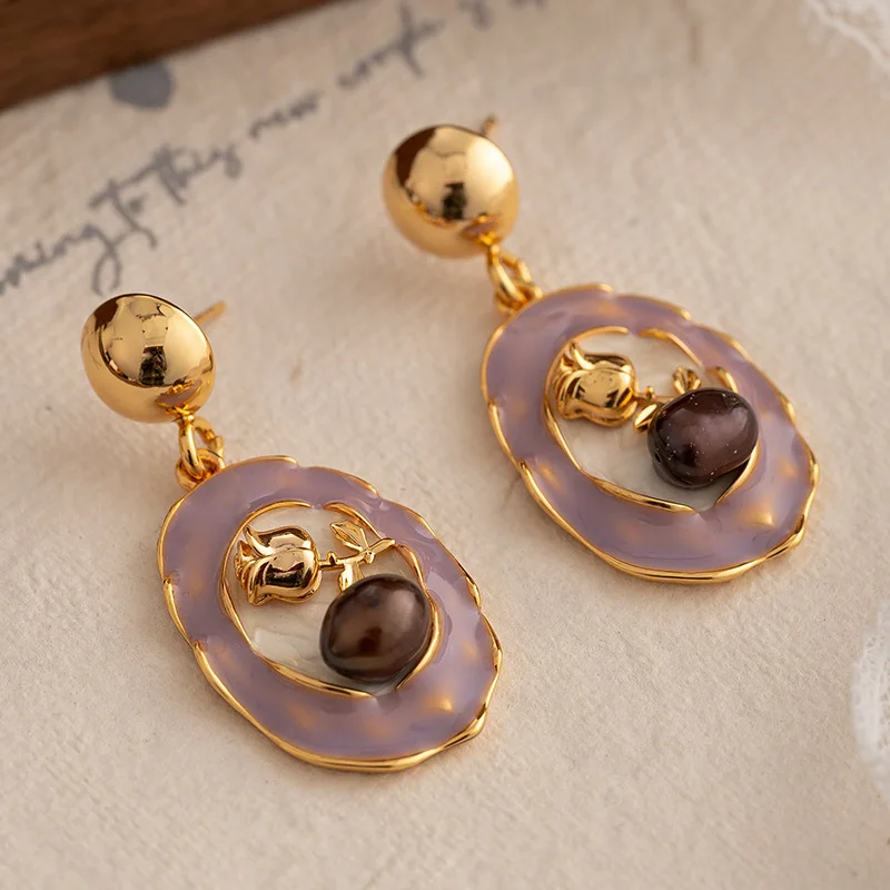 Light luxury medieval vintage natural freshwater pearl earrings for women