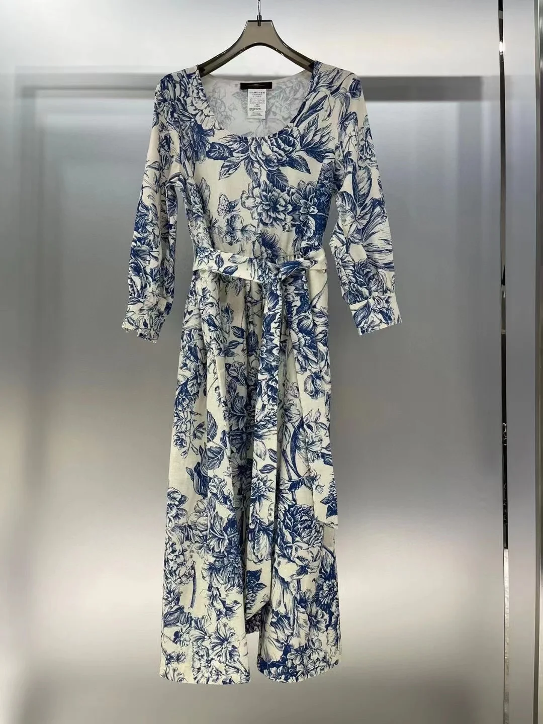 

HIGH QUALITY Newest 2022 Holiday Fashion Runway Vintage Long Sleeves Women's Belt Flowers Printed Midi Dress