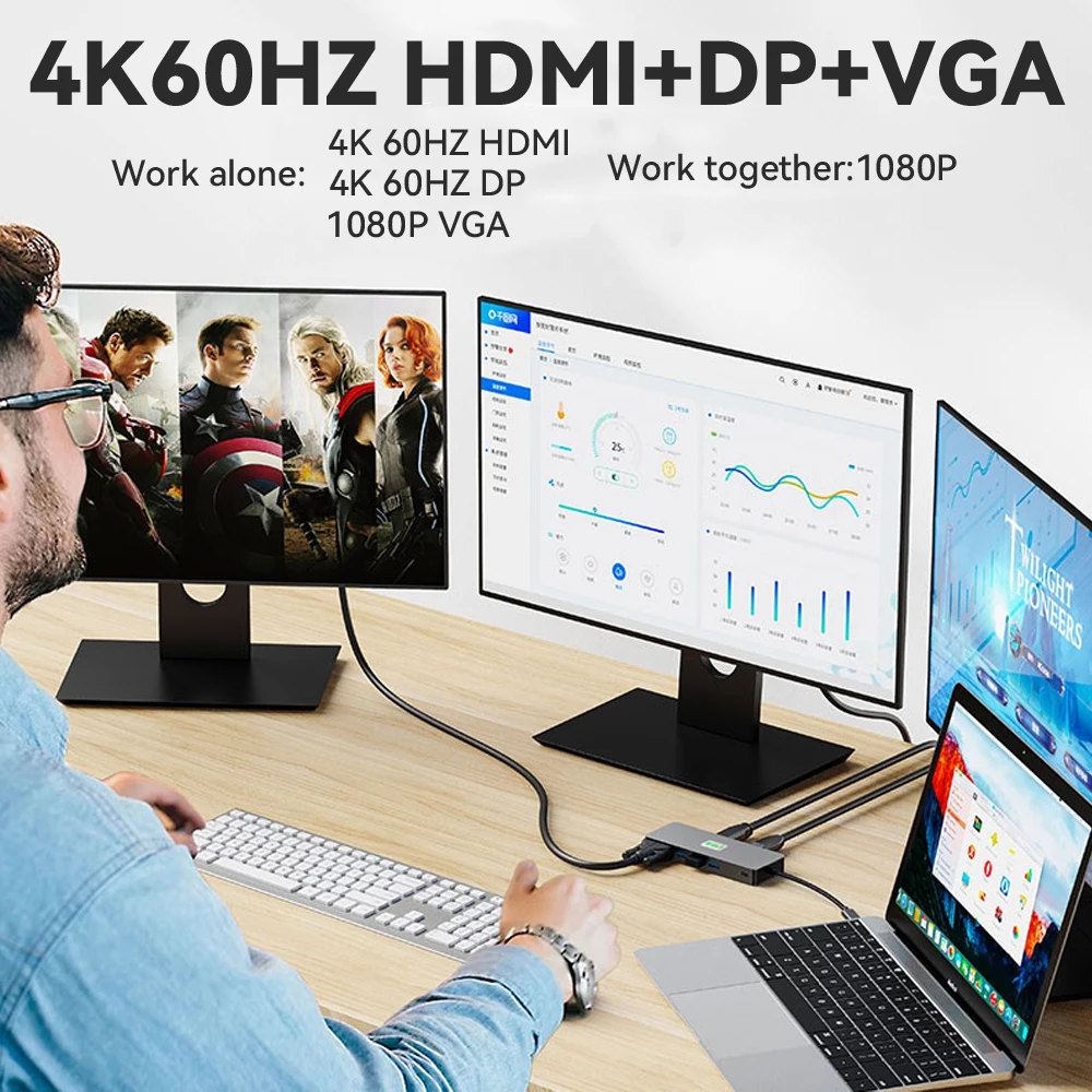 Tebe 11 in 1 MST USB-C Hub Type-c to HDMI-adapter DP VGA Gigabit Ethernet 10Gbps USB 3.2 3.5mm Aux Docking Station Hub Splitter 3