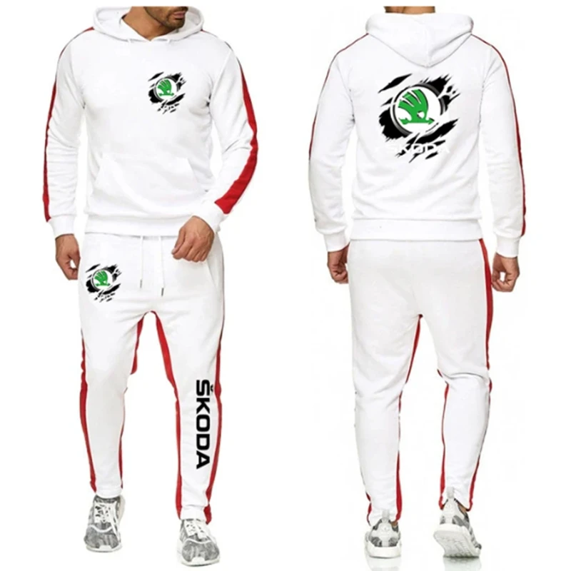 NEW Men Spring Autumn Stylish SKODA Logo Solid Color Sweatshirt Set Casual Long-sleeved Hoodies Pants Polar Two Piece Suit 5