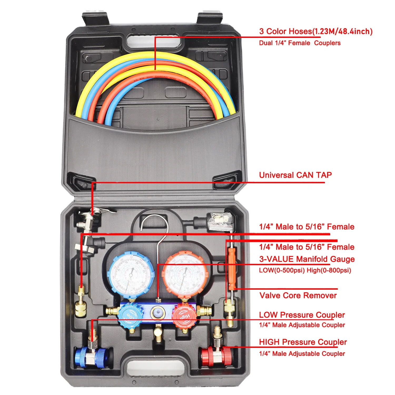 Automotive Air Conditioner Refrigerant Pressure Gauge Kit, R134A and R22 Refrigerant Compatible, Pressure Manifold Hose Included
