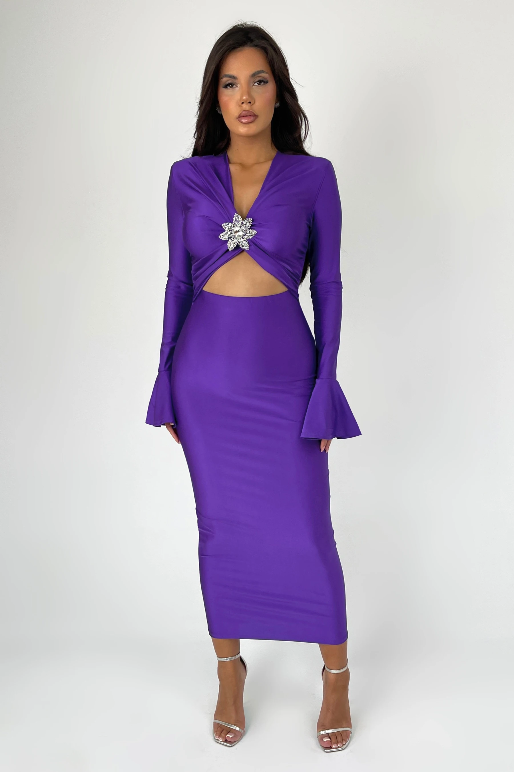 -Long Sleeved Diamond Hollow Dress for Women, Elastic Tight Flare Sleeves, Elegant Female Gown, Elegant Clubwear, Party