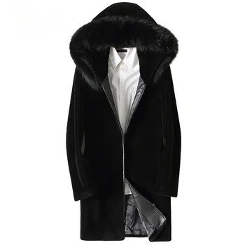 High Quality Winter Men Wool Fur Coats Real Fox Collar Hooded Jacket s Shearling Coat