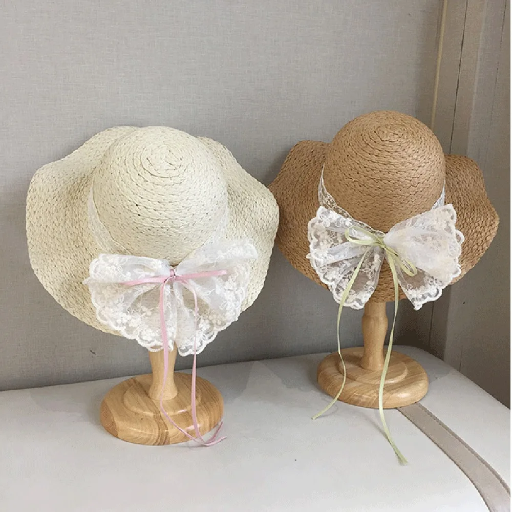 Soft Sweet Bowknot Straw Sun Hat Ribbon Lace Brim Girls Bucket Hat Korean Style Breathable Woven Handbag Girls